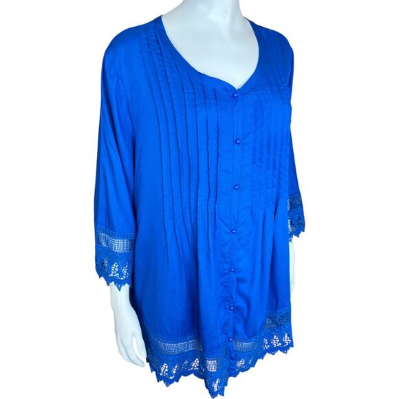 Blair Royal Blue Women's Blouse Large Lace Pleated Button-Front NWOT Boho - Picture 11 of 14